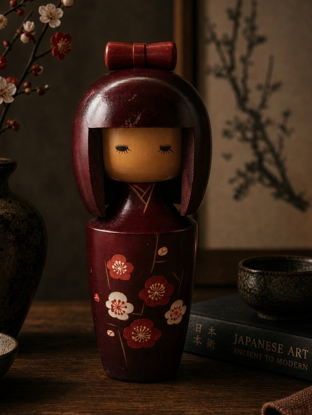 Vintage Japanese Kokeshi Doll 9” Red Plum Blossom | Hand Painted Wooden Figurine